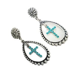Retro cross water droplets turquoise women’s drop pierced earrings.